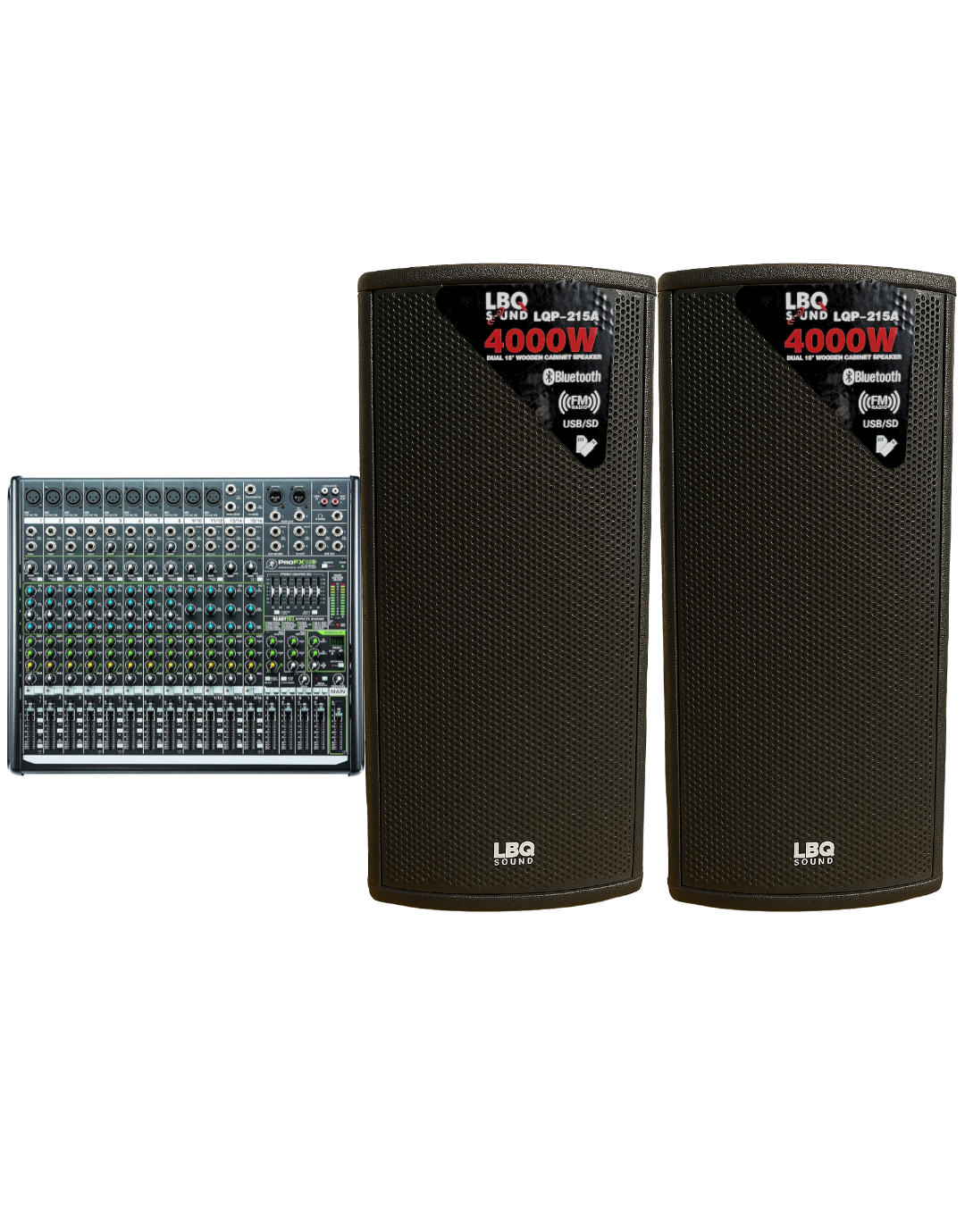 Combo de Sonido 2 Bocinas Amplificadas 2x15” 4000W + Consola Mackie PROFX16 – Sistema Profesional Todo en Uno