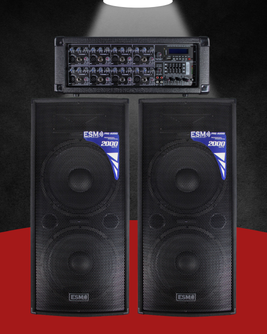 COMBO DE AUDIO ESM, AMPLIFICADOR + 2 BOCINAS DOBLE DE 15 + MICRÓFONO Y CABLE