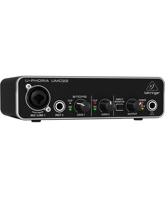 Interfaz de Audio USB/MIDI Behringer UMC22 2x2 Profesional para Grabación Estudio